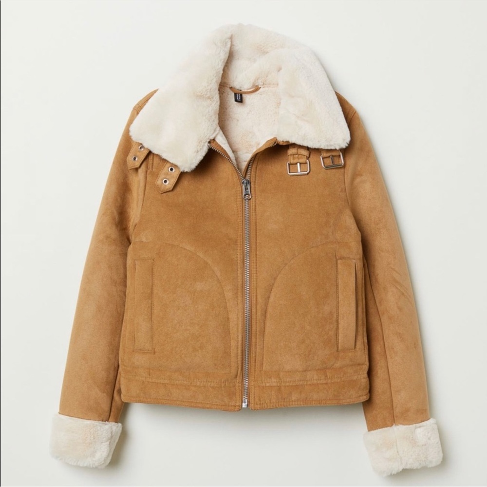 Tan Suede Aviator Style Jacket with Faux Fur